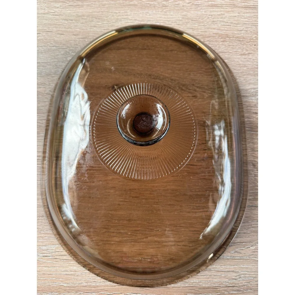 Pyrex Vision Amber Glass Lid 2.5-C Replacement Oval Ribbed Knob 10.75x8.5 Brown